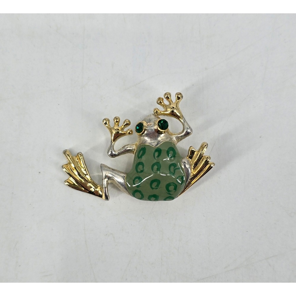 Vintage Best Frog Brooch Green Enamel Rhinestone Eyes Two Tone Figural Pin